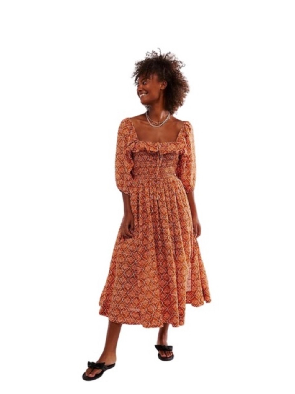 Free People Oasis Printed Midi Dress in orange and rust L
